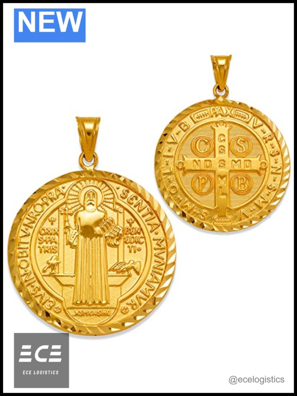 14K Real Gold Saint Benedict Medal Pendant Necklace 14mm Religious